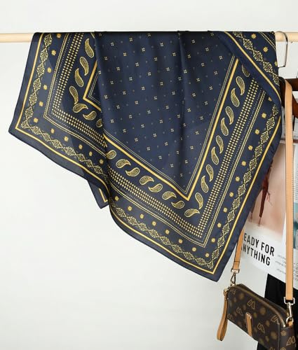 corciova Women’s Square Scarf 27.5 in (70 x 70 cm), Satin-Feel Polyester, Lightweight Fashion Scarf for Hair, Neck and Bag - color: Paisley Border (Navy Blue and Gold)