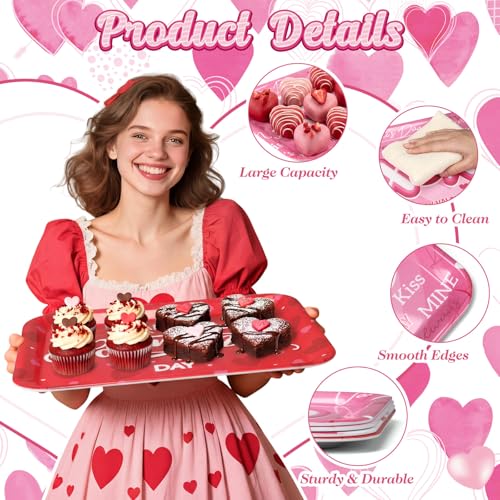 Vesici 4 Pack Valentine's Day Melamine Serving Trays, 13x10 Large Rectangular Platters for Party Food, Shatterproof Heart Cookie Plates for Appetizers, Romantic Dinner & Galentine's Kitchen Decor - style: Valentine's Day