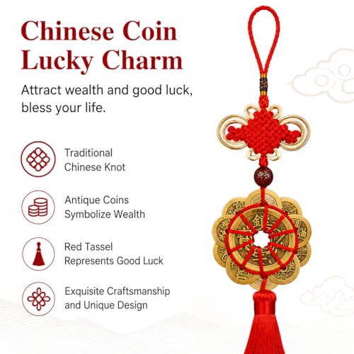 Feng Shui Coins with Red Chinese Knot, Lucky Coin Hanging Charm for Wealth and Good Fortune, Traditional Chinese Decor Ornament for Home, Car, Office