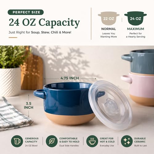 AmorArc 24 oz Soup Bowls with Lids, Ceramic Soup Containers with Handle - color: Blue&Red, size: Set of 2