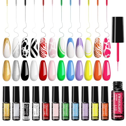 TWOEIGHT Gel Nail Polish Liner Nail Art 12 Colors 8ml UV Lamp Soak-off Polishes Pigmented White Red Pink Green Gold Glitter Built Thin Brush in Bottle Manicure DIY at Home Salon Quality Gift for Women - color: Multicolor