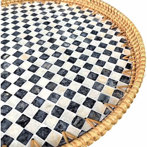 16" Rattan & Mother of Pearl Lazy Susan, Checkerboard Mosaic - color: Black & White