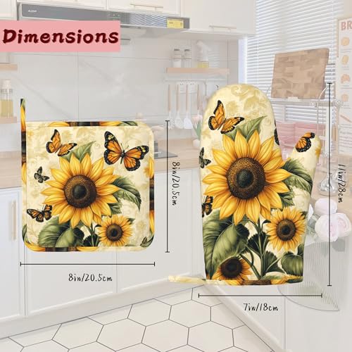 Vintage Sunflower Silicone Oven Mitts and Pot Holders,Butterfly Heat-Resistant 4 Piece Kitchen Set Non-Slip Oven Gloves and Hot Pads for Cooking, Baking, Grilling,BBQ - color: Vintage Sunflower Butterfly