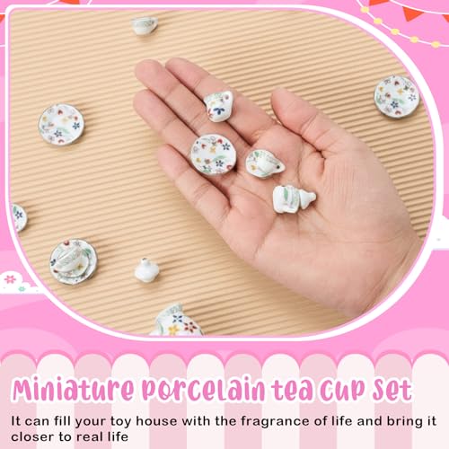 Sumind 15 Pieces Miniature Porcelain Tea Cup Set Kitchen Miniature Porcelain Set Mini Flower Pattern Teapot Cup Plates Kitchen Accessories(Gold Leaf Style) - style: Gold Leaf Style