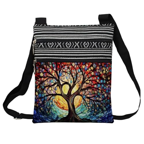 Stained Glass Pattern Crossbody Handbag with Zipper Butterfly World Tree Bee Aesthetic Present for Woman - color: World Tree 01