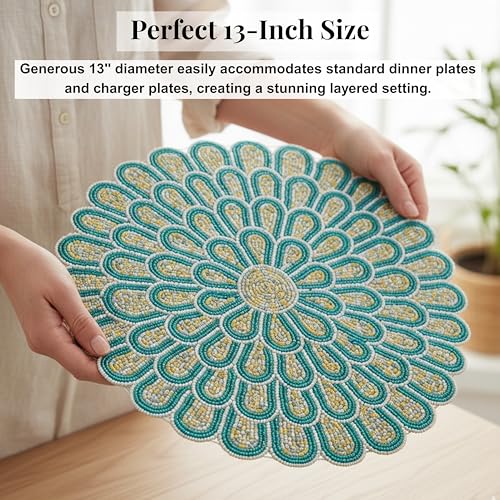 13 inch Round Beads Placemats Handcrafted Glass Beaded Polyester Table Mats - Place Mats for Harvest Autumn Kitchen Dining Party Table Decor Festival Everyday Use (Green White) - ALPHA Living HOME - color: Teal Light Ivory, size: Set of 1