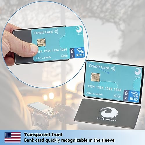 valonic set of 6 RFID blocking sleeves - transparent front, Credit Card Protector sleeve for wallet - Protection block for Debit Card and Metro Card