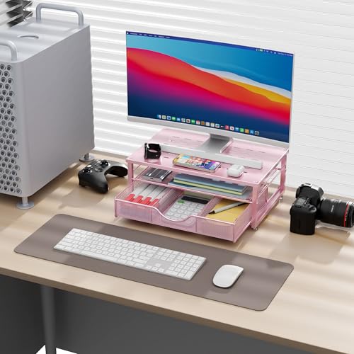 gianotter Computer Monitor Stand Riser with Drawer - color: Pink, size: 14.1L x 9.64W x 5.9H Inch