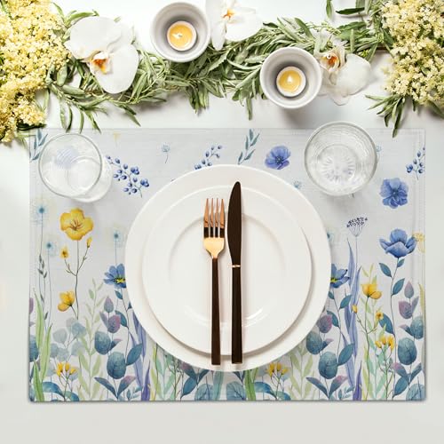 Watercolor Floral Placemats Set of 4 Blue Yellow Poppy Flowers Washable Non-Slip Heat Resistant 12×18 Inch Spring Summer Seasonal Linen Fabric Table Mats for Kitchen Dining Table - color: Blue Yellow Floral