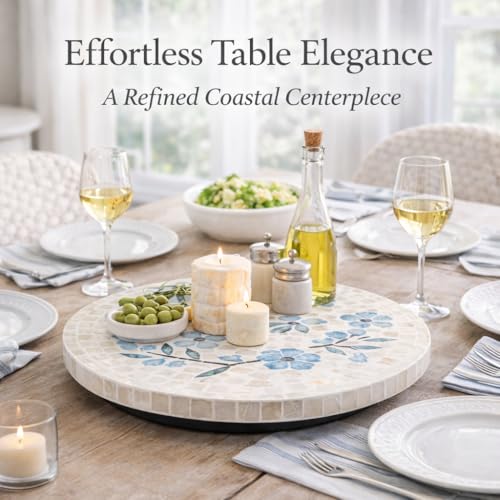 PEMAR 12.6” Handcrafted Capiz Shell Mosaic Lazy Susan – Coastal Floral Rotating Centerpiece for Dining Table, Elegant Beach House & Farmhouse Home Décor, Luxury Hostess & Housewarming Gift - color: Blue Dogwood Flower