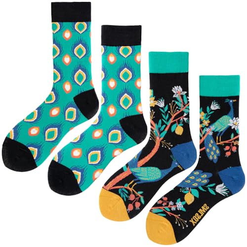 2 Pairs Cartoon Animal Crew Socks Fun Cotton Mid Calf Socks for Women - color: Peacock