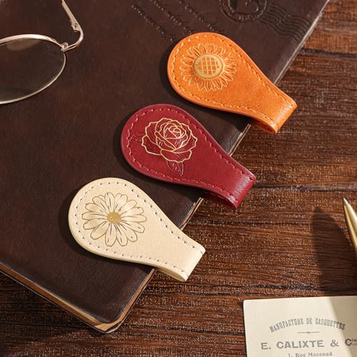 3PCS Vintage Magnetic Leather Bookmark, Leather Magnetic Bookmarks for Women, Magnetic PU Bookmarks Clip Book Accessories, Gilded Flower - style: Gilded Flower