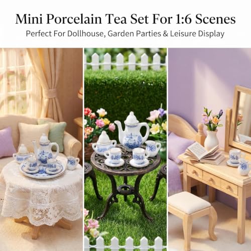 Miniature Tea Set 1/6 Scale Dollhouse Accessories Porcelain Blue Flower - color: Blue