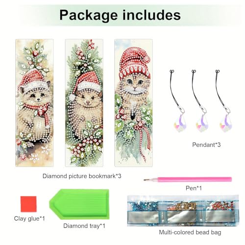 Tontut 3 Piece Bookmark Diamond Art Painting Kit, Christmas Cat DIY Diamond Handmade Art Bookmarks for Book Lovers, Can be a Gift for Friends - color: Santa Kitty