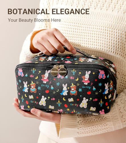 Aveniee Travel Makeup Bag for Women, Large Cosmetic Organizer with Open-Flat Design, Clear Divider & Handle - Waterproof PU Leather Toiletry Case (BunnyPattern) - style: Bunny Bear