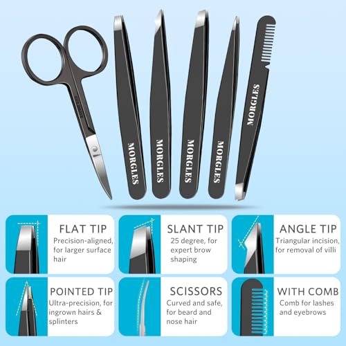 MORGLES Tweezers Set for Men 9 Pcs Nail Clipper Kit with Case for Grooming - color: B-black