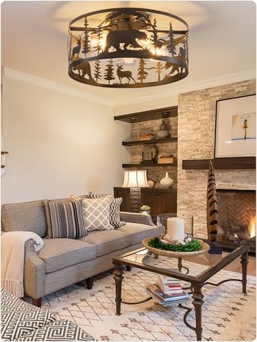 Farmhouse Caged Ceiling Fans with Lights and Remote Control,Rustic Black Chandelier Fan with Bear Deer Design,Flush Mount Low Profile Fandelier for Bedroom,Dining Living Room,Foyer - color: Black