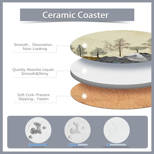 6 Pcs Coasters for Drinks with Holder,Brown Trees with Golden Gray Mountains Landscape Absorbent Coaster with Cork Backing,Great Gift for Housewarming,Room Decor,Bar,Holiday Party - color: Brown Trees With Golden Gray Mountains Landscape