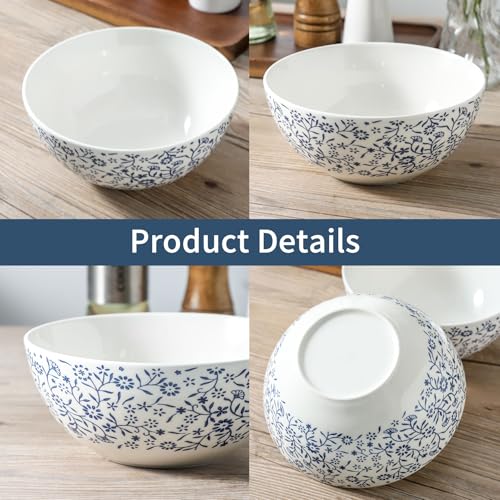 Cereal Bowls Large Soup Bowl Set of 2, Blue and White Ceramic Bowls 42oz, Floral Japanese bowl for Salad, Rice, Snack, Ramen, Pasta, Fruit, Microwave Dishwasher Safe, 7 inch - color: white 2