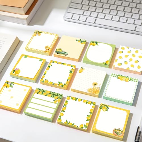 12 Pads Lemon Sticky Notes Set, 3x3 Inch Yellow Green Lemon Pattern Self Adhesive Memo Pads, 240 Sheets Summer Themed Sticky Notes for Writing Reminders, Page Markers, School Classroom Study, Office