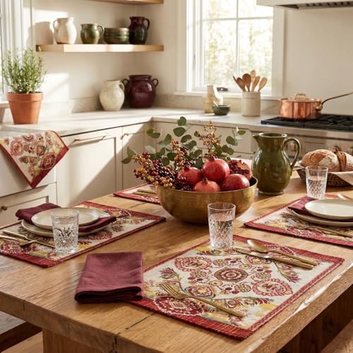 Tache Fall Placemats Set of 4, Burgundy Orange Ivory Woven Tapestry Place Mats, Elegant Paisley 13 x 19 Inch Dining Table Mats for Autumn Harvest Thanksgiving Decor