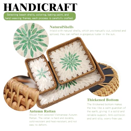 Rectangle Rattan Serving Tray with Mother of Pearl Inlay, Handmade Wicker Coffee Table Basket for Fruit Bread Food Tea Party Picnic Table Kitchen Home Boho Decor 3 Sizes (Green Flower) - color: Green Flower