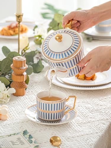 CwlwGO-Bone China Tea Cup Set of 4, Cup and Saucer Sets Service for 4 with 24 Ounces Teapot,Sugar Bowl,Creamer Pitcher,Elegant British Tea Cups for Tea Party,Gifts Box. - color: White and Blue