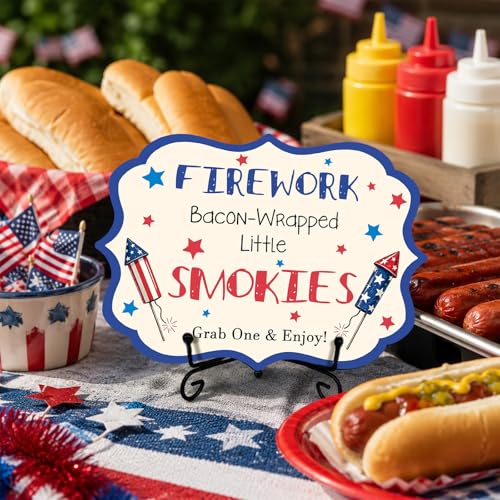 Independence Day Wooden Hot Dog Sign with Metal Stand, Patriotic 5 x 7 Inch Buffet Table Decor for BBQ Party, Restaurant, Food Truck, Table top Food Display - A07 - color: DLR A07