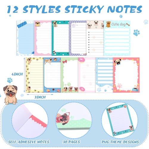 Dispowreath 24 Pcs Pug Sticky Notes with Pens Dog Puppy Themed Party Favors Gifts Cute Notepad Memo Notes Pads Black Ink Ballpoint Pen for Pug Lover Christmas Gifts Office - style: Pug