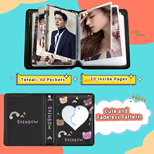 Kpop Photocard Holder Book 3 Inch Black Mini Album with Lovely Pendant, 40 Pockets, 20 Pages - color: Black