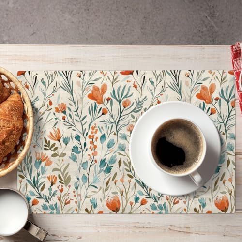 Vintage Boho Teal Orange Floral Placemats Set of 4 12x18 Inch - color: Teal Orange, size: Set of 4