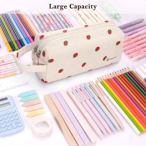FINPAC Pencil Case, Corduroy Makeup Bag for Women, Kawaii Pen Pouch Holder, Large Storage Box Organizer for Study, Office, or Travel (Strawberry) - color: Strawberry
