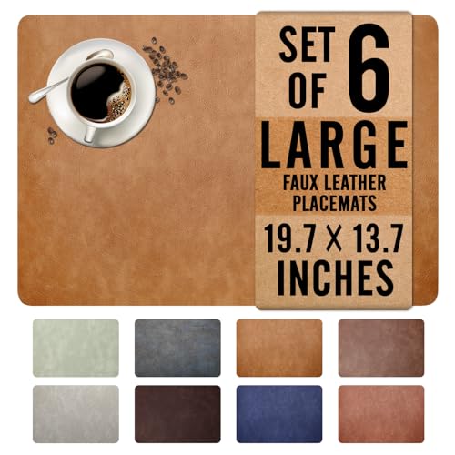 UnivoColors Washed Cowhide Pattern Faux Leather Big Size Placemats Set of 6, Waterproof Easy to Clean Anti-Slip PU Table Mats for Party Decoration19.7″×13.6″,Camel Retro Cowhide Pattern - color: Camel