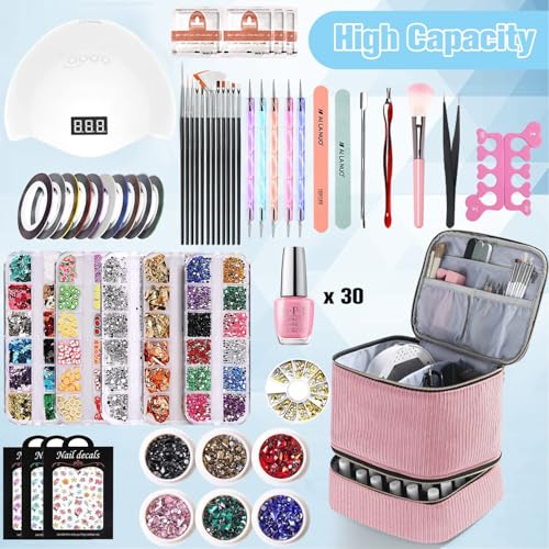 Corduroy Nail Polish Organizer and Nail Lamp Case, Nail Kit Organizer Holds 30 Bottles (15ml - 0.5 fl.oz) and a Nail Lamp, Nail Polish Carrying Case with Manicure Tools Storage Sections (Pink) - color: Pink