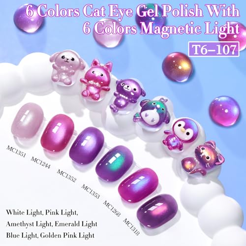 Double Rhythm Cat Eye Gel Nail Polish Set of 6 Same Color Same Bottle 0.5 Oz Shimmer Glitter with Magnet Holographic Magnetic UV Nail Polish Kit (Blush Fuchsia Magenta Purple Violet Lavender -T6-107) - color: Lilac Dream