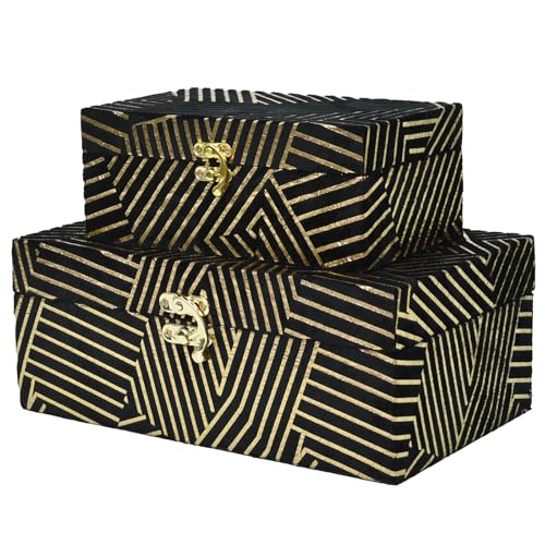 Velvet Decorative Boxes Storage Accessory Organizer Set of 2, Black - color: Black&Gold