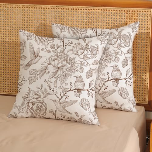 Chinoiserie Pillow Covers 18x18 Pack of 2 Brown Birds Floral Throw Pillow Covers Outdoor Decor Vintage Spring Summer Flower Pillowcase Farmhouse Decorative Square Cushion Case for Couch Sofa - color: Brown Flower Bird 3, size: 18" x 18" (Pack of 2)