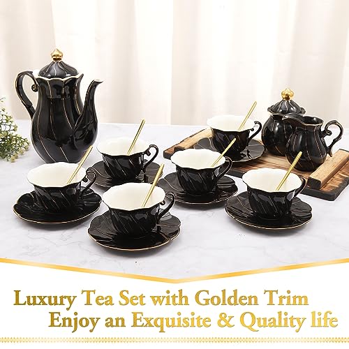 DUJUST 22 pcs Porcelain Tea Set for 6, Luxury British Style Tea/Coffee Cup Set with Golden Trim, Beautiful Tea Set for Women, Tea Party Set, Gift Package (Including a Stand) - Black - color: Black