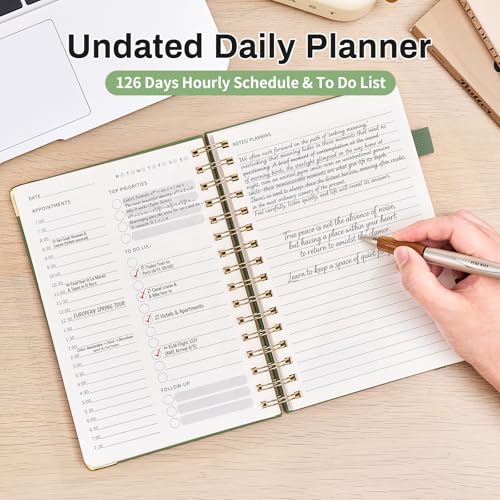 Ovesmusl Undated Daily Planner - 126 Days Hourly Schedule & To Do List - A5 PU Leather Hardcover Spiral Notebook planner with stickers, Metal Corner Protectors & Back Pocket for Work & School, Green - style: Green