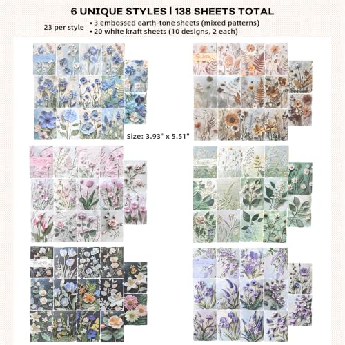 138Pcs Textured Scrapbook Kit, 6 Pack Embossed Vintage Plant Flower Craft Supplies, Multipurpose DIY for Junk Journal, Collage, Card Making & Art Background - color: Multicolor 15