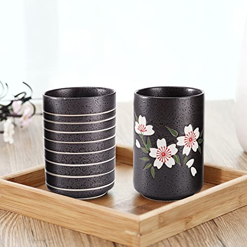 Hedume Set of 2 Japanese Tea Cups, 10oz Ceramic Teacup Mug, Japanese Cherry Blossoms and Line Design Ceramic Tea Cups Set for Green Tea, Matcha Tea, Bancha - size: 2 Count (Pack of 1)