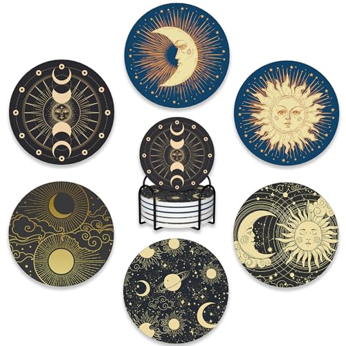 Drink Coasters Set of 6 with Holder,Gold Sun Moon Clouds Stars Absorbent Ceramic Coasters with Cork Base,Fit All Cups,Tabletop Protection Mat for Mugs and Cups,Office,Kitchen - color: Gold Sun Moon Clouds Stars