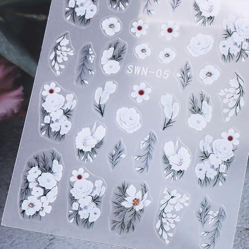 Flower Nail Art Stickers Decals 5D Embossed White Flowers Nail Decals 4PCS Floral Leaf Nails Design Adhesive Flower Stickers for Nails Manicure Accessories for Women Summer Fall Nail Art Decorations - style: style3