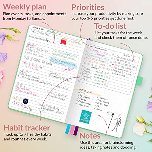 GoGirl Planner for Women, Undated Weekly Agenda Journal, Mint Green - color: Mint Green, size: Compact (5.3" x 7.7")