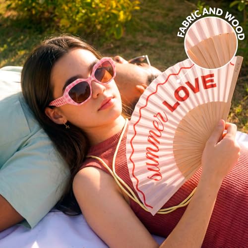 Fisura – Original Folding Fan with “Summer Love” Message. Colorful Wooden Folding Fan in red. Includes Strap. Fun Gift idea. 16.7 x 9 in. - color: Summer Love, Red