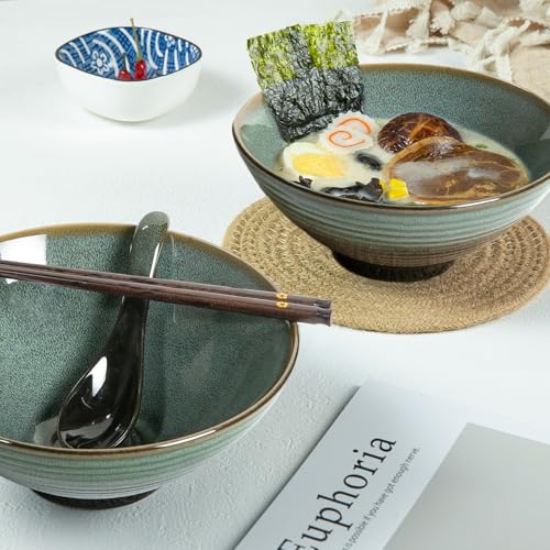 40 oz Ceramic Ramen Bowl Set of 2, Ramen Noodle Bowl with Spoons and Chopsticks 8 Inch Japanese Retro Style Large Soup, Pho, Udon Bowls, Microwave & Dishwasher Safe, Green - color: Green