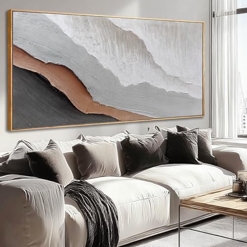 Textured White Wall Art,Grey Abstract Artwork,Large Framed Modern Pictures,Wave Landscape Oil Painting 24"x48"for Home Office Gallery - color: SOUGUAN-BHZ60120, size: 48"L x 24"W