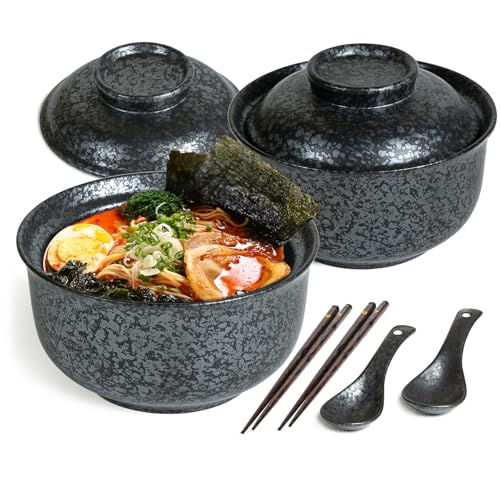 Ceramic Ramen Bowl Set of 2, Ramen Noodle Bowl with Lid 27oz Japanese Retro Style Soup, Pho, Udon Bowls, Matching Spoons and Chopsticks for Microwave & Dishwasher Safe, Black - color: Black, size: 2 Pcs