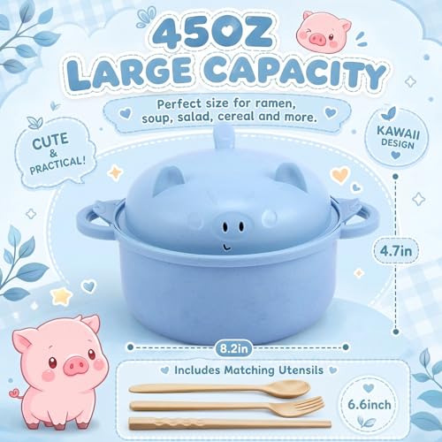 1 Set Large 45oz Cute Pig Ramen Bowl Set Microwavable, Nordic Blue - color: Nordic Blue