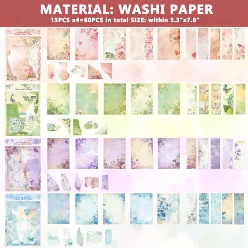 60 Sheet Flower Season Scrapbook Paper Set, 4 Packs Decorative Paper，for Letter Writing，Scrapbook paper，Junk Journal Supplies，DIY Collage，Card Making Supplies，Collage Background - color: L